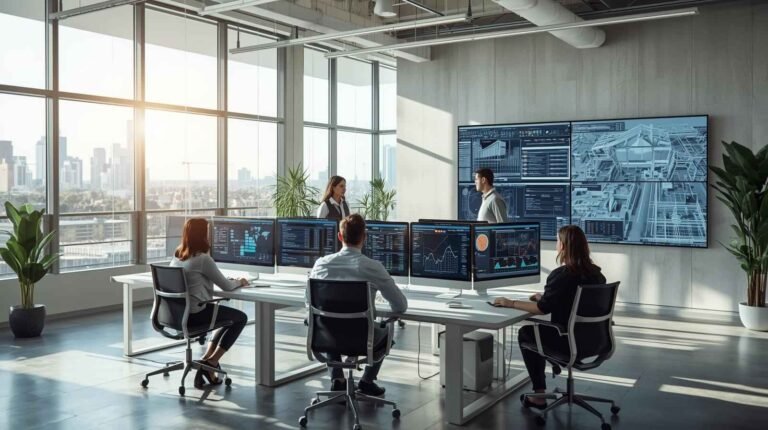 Office team using Data-Driven Planning Intelligence on multiple screens to analyze design metrics and make informed project decisions
