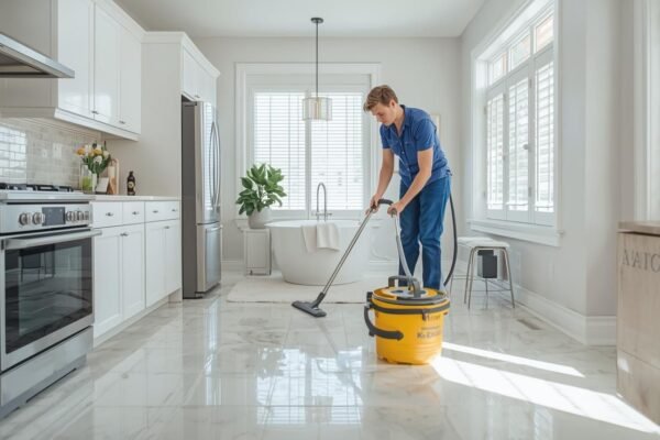 A professional cleaner using a wet vacuum in a bright kitchen, showcasing expert Deep Cleaning Services for a spotless home environment