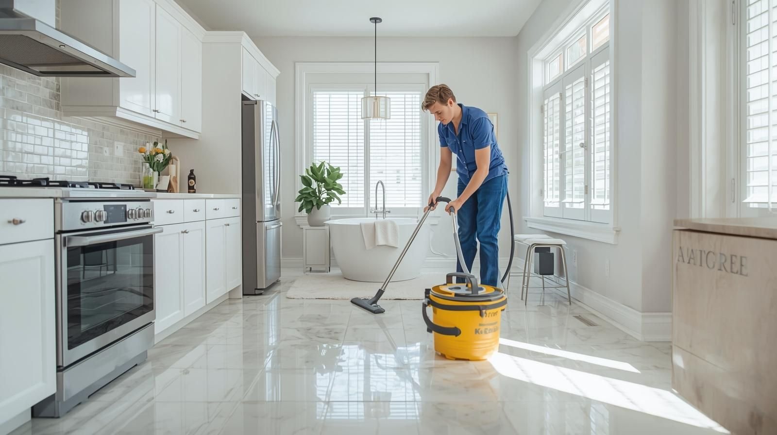 A professional cleaner using a wet vacuum in a bright kitchen, showcasing expert Deep Cleaning Services for a spotless home environment