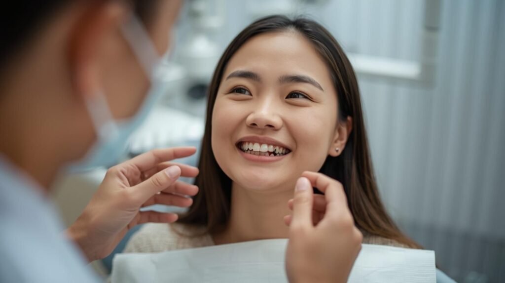 A dentist examining a patient with crowded teeth, explaining treatment options like braces to improve alignment and smile appearance.