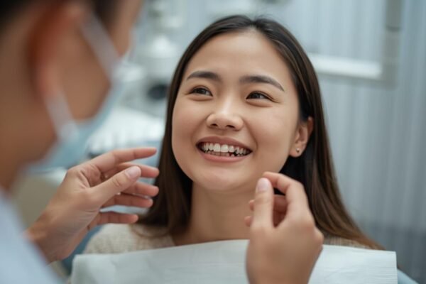 A dentist examining a patient with crowded teeth, explaining treatment options like braces to improve alignment and smile appearance.