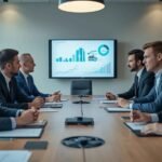 Digital marketing team discussing strategies in a modern office, analyzing data trends on a screen to improve business growth