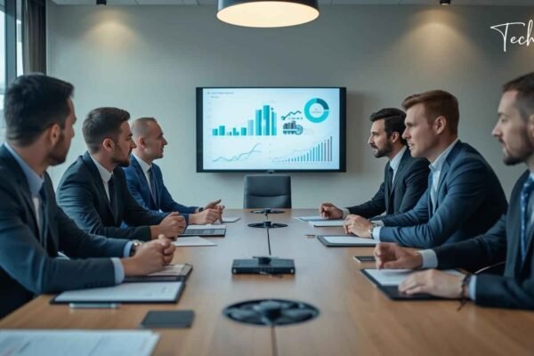 Digital marketing team discussing strategies in a modern office, analyzing data trends on a screen to improve business growth
