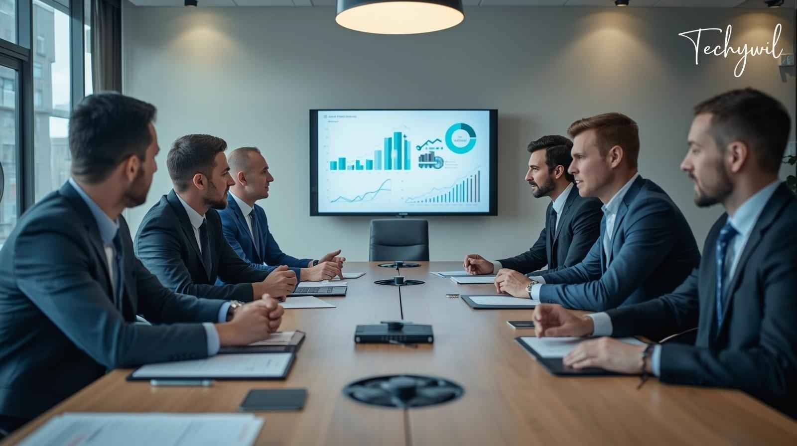 Digital marketing team discussing strategies in a modern office, analyzing data trends on a screen to improve business growth