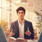 Illustration of a calm student leading a discussion, showing how do poli sci majors have a certain timbre in communication.