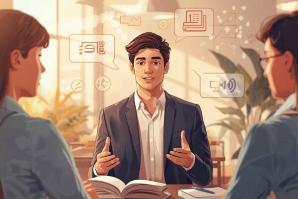 Illustration of a calm student leading a discussion, showing how do poli sci majors have a certain timbre in communication.