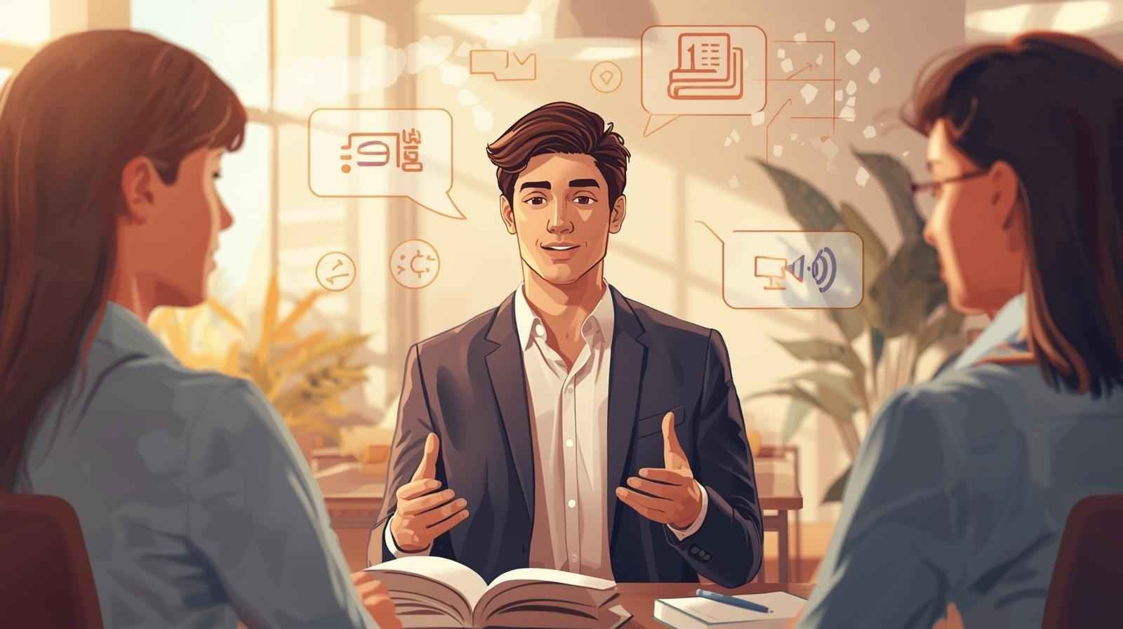 Illustration of a calm student leading a discussion, showing how do poli sci majors have a certain timbre in communication.