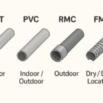 Different types of electrical conduit (EMT, PVC, RMC, FMC) and their suitable applications for indoor, outdoor, and damp locations