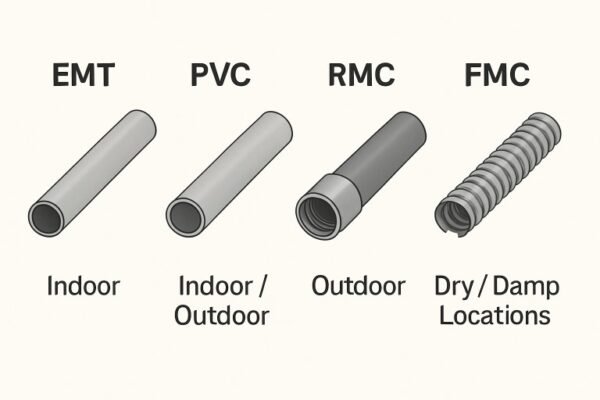 Different types of electrical conduit (EMT, PVC, RMC, FMC) and their suitable applications for indoor, outdoor, and damp locations