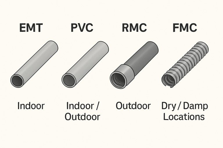 Different types of electrical conduit (EMT, PVC, RMC, FMC) and their suitable applications for indoor, outdoor, and damp locations