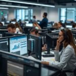 Office environment with employees using parallel dialers, handling multiple calls simultaneously, boosting efficiency in customer acquisition processes