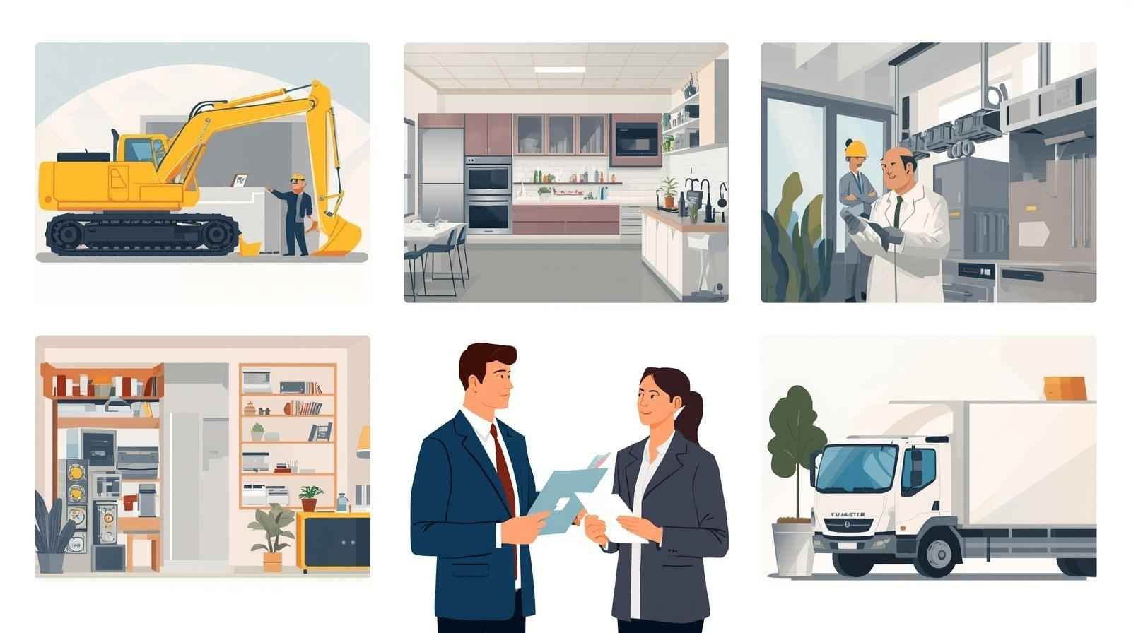 Illustration showing various industries using Equipment Financing, including construction, kitchens, labs, offices, and logistics