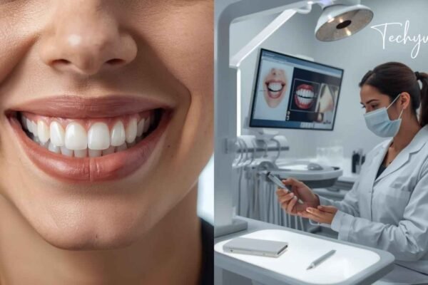 Close-up of a patient with a perfect smile showcasing improved facial symmetry, while a cosmetic dentist reviews digital smile design on a monitor