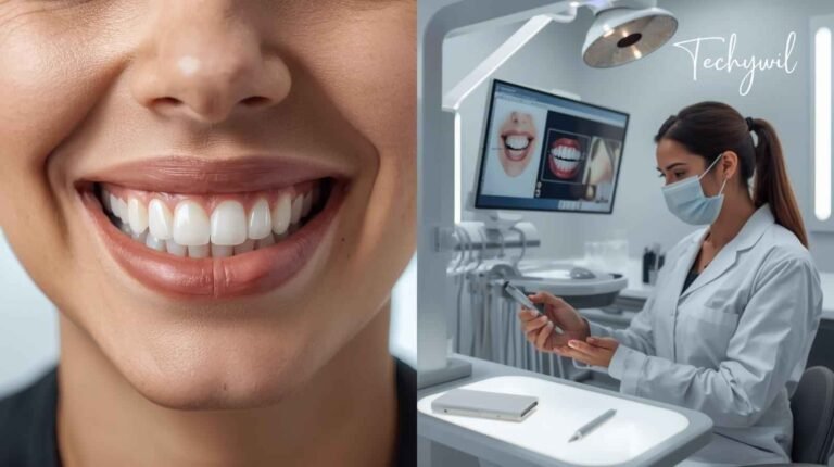 Close-up of a patient with a perfect smile showcasing improved facial symmetry, while a cosmetic dentist reviews digital smile design on a monitor