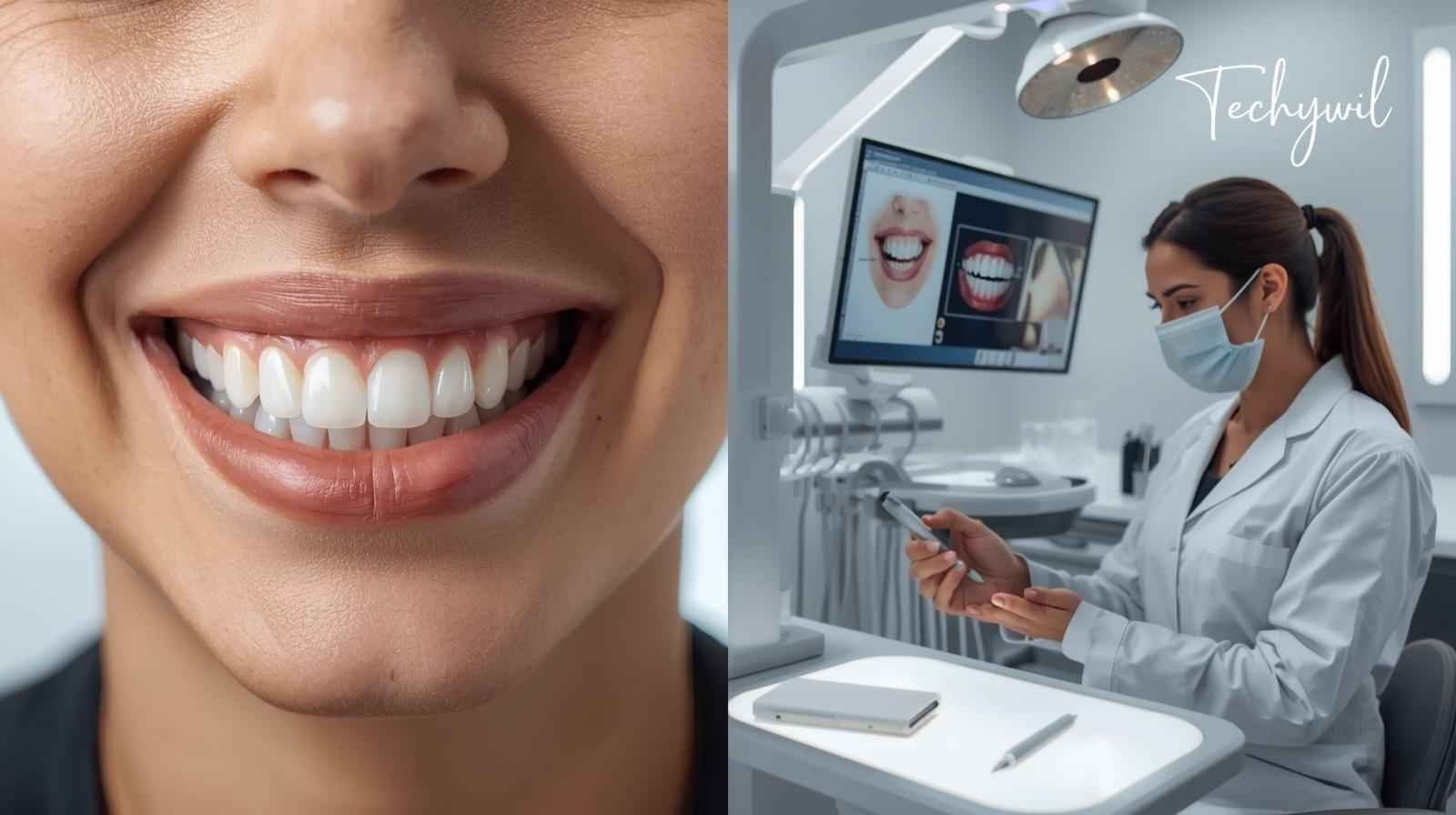Close-up of a patient with a perfect smile showcasing improved facial symmetry, while a cosmetic dentist reviews digital smile design on a monitor