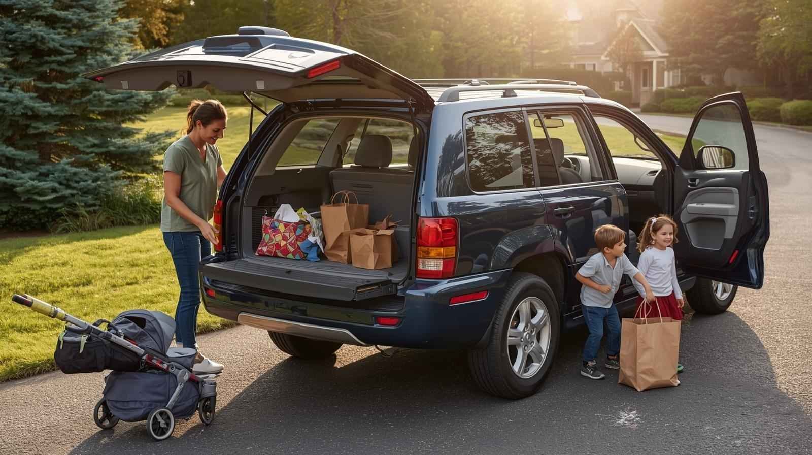 A parent loads groceries into a 2008-model SUV while two young children help beside the vehicle in a quiet suburban neighborhood