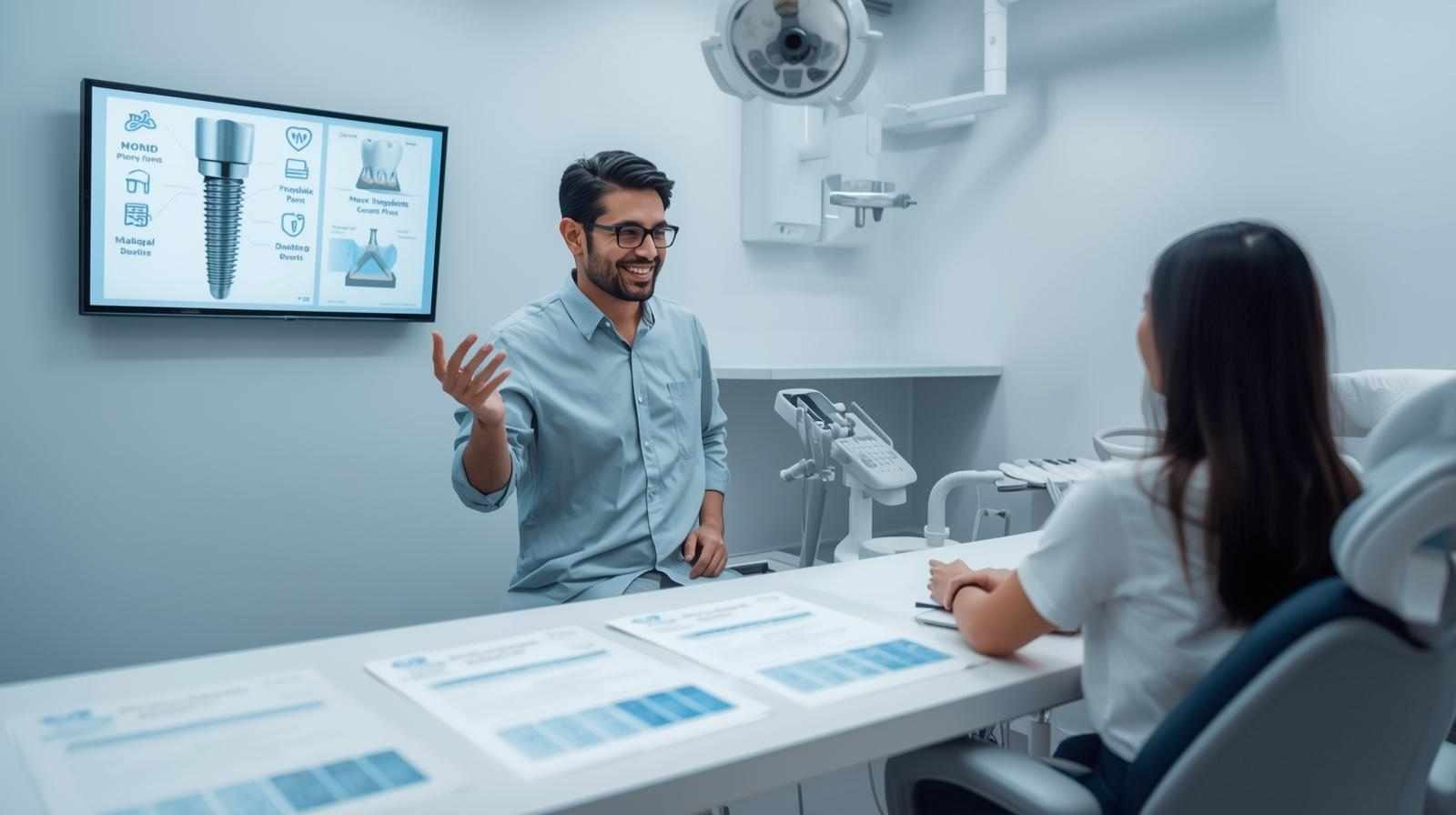 Dentist discussing treatment options with a patient during a consultation about Financing Dental Implants in a modern clinic