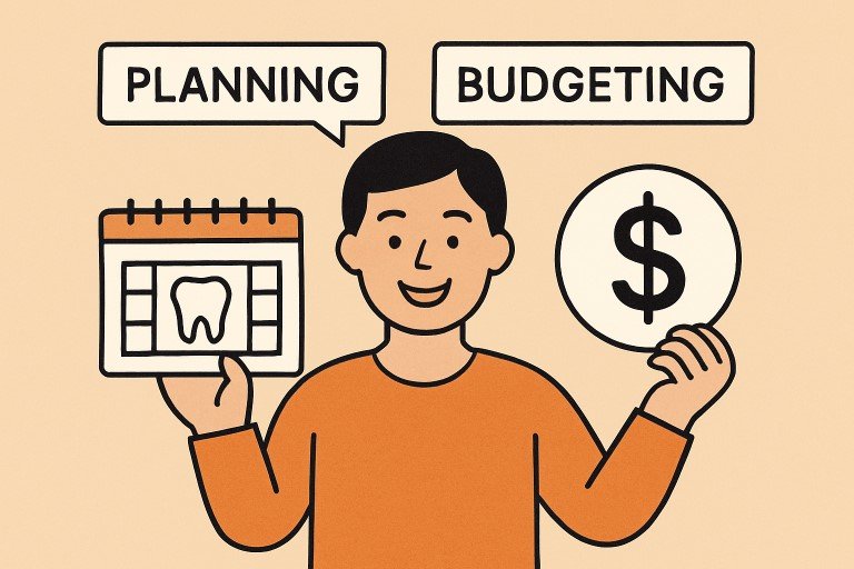 Illustration of a person planning and budgeting dental care, highlighting steps involved in Financing Dental Implants