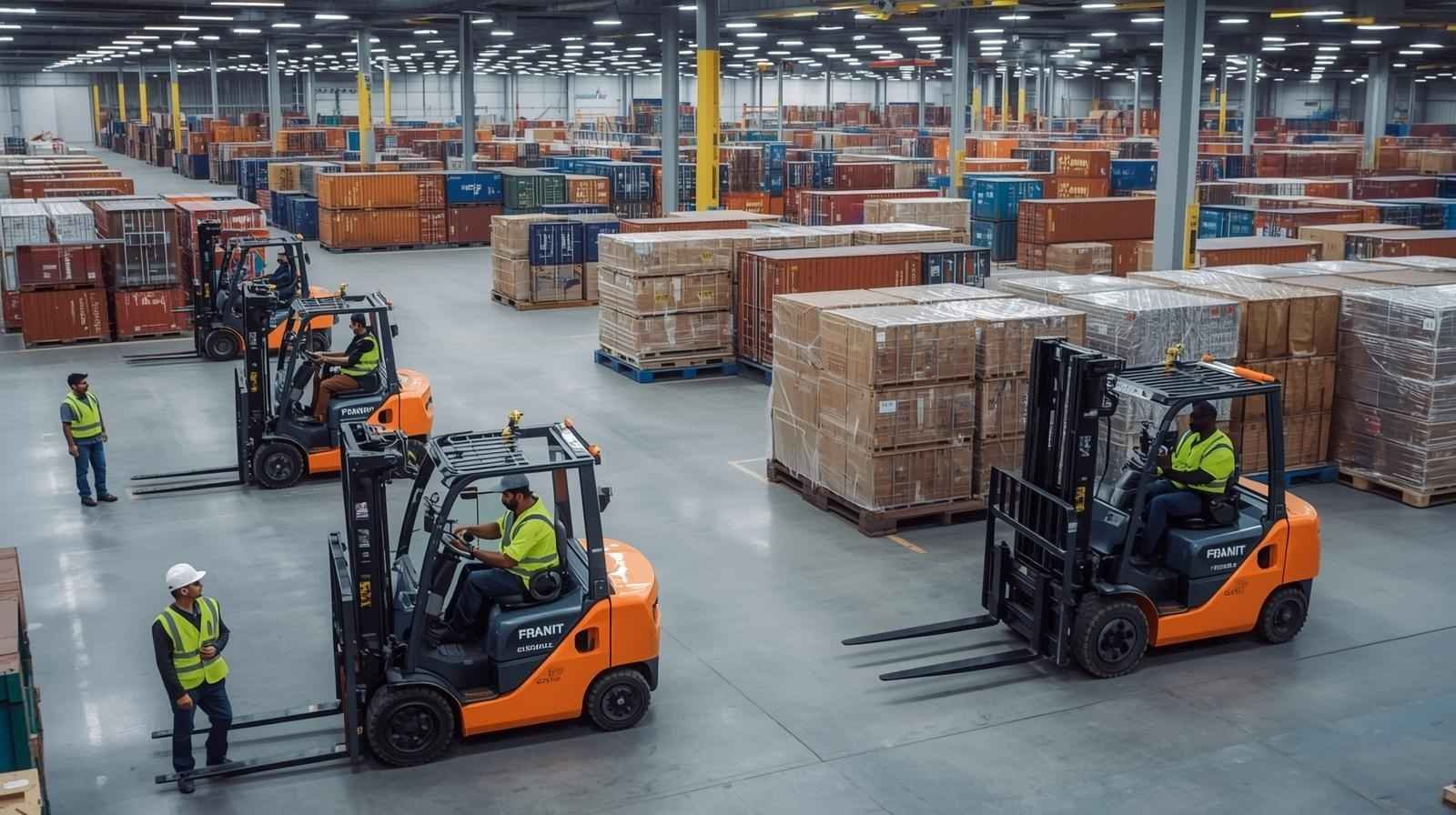 Forklifts in use at a Jebel Ali warehouse, with workers operating them efficiently as part of a forklift rental service for logistics and warehousing operations