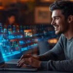 Man editing a video on a laptop using a free AI video generator with futuristic digital interface visuals