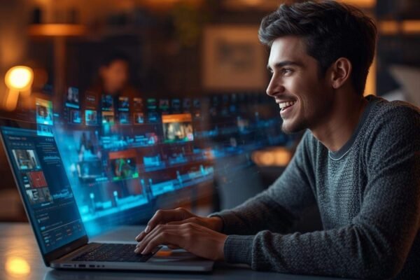 Man editing a video on a laptop using a free AI video generator with futuristic digital interface visuals