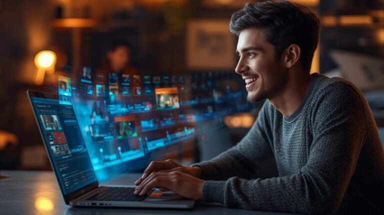 Man editing a video on a laptop using a free AI video generator with futuristic digital interface visuals