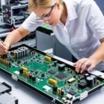 Technician working on a PCB board during the assembly process at Global Well PCBA, ensuring precision and quality