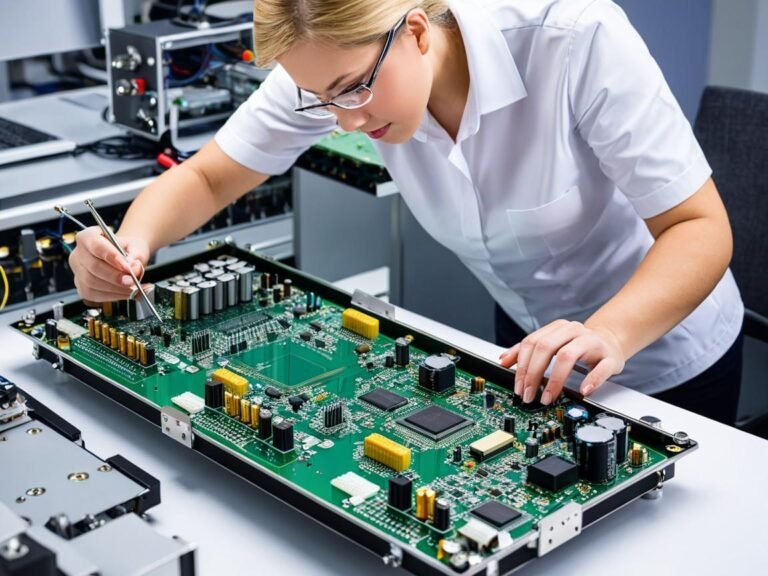 Technician working on a PCB board during the assembly process at Global Well PCBA, ensuring precision and quality