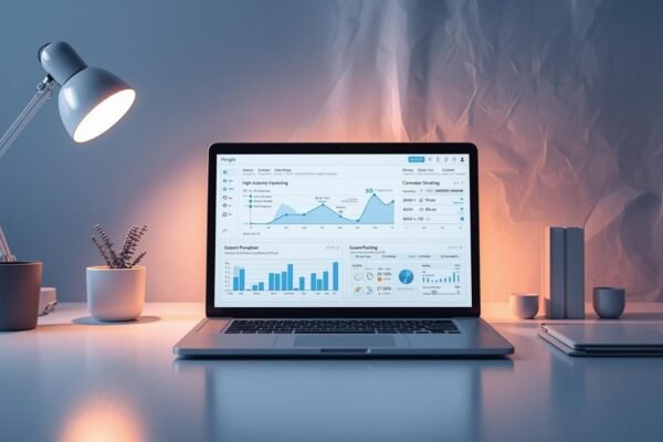 Laptop displaying analytics dashboard on a clean desk setup, representing Guest Posting performance and SEO growth.
