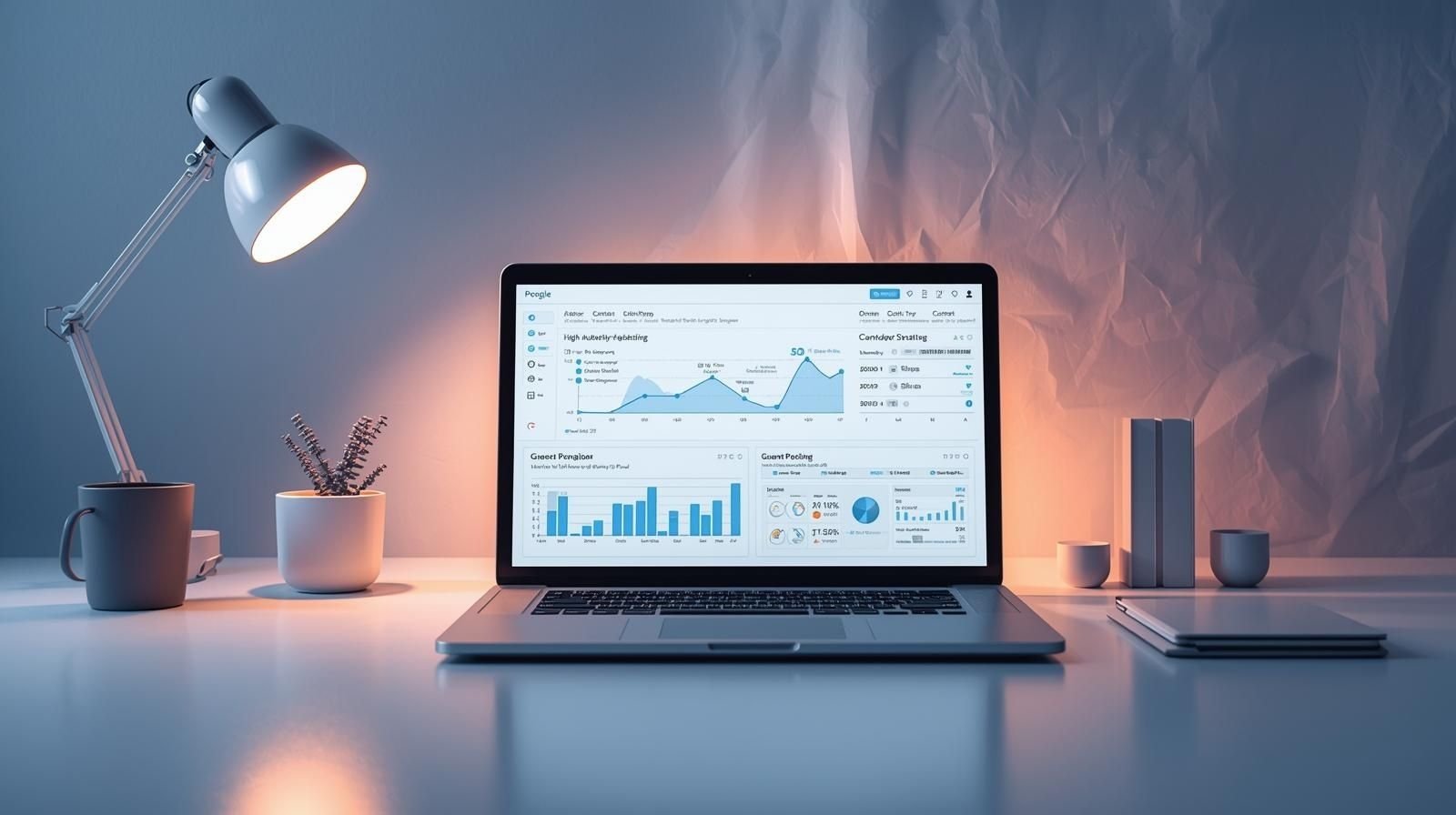 Laptop displaying analytics dashboard on a clean desk setup, representing Guest Posting performance and SEO growth.