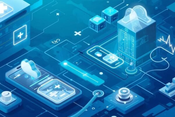 Illustration of cloud-based Healthcare Applications connecting digital medical records, analytics, and smart medical devices