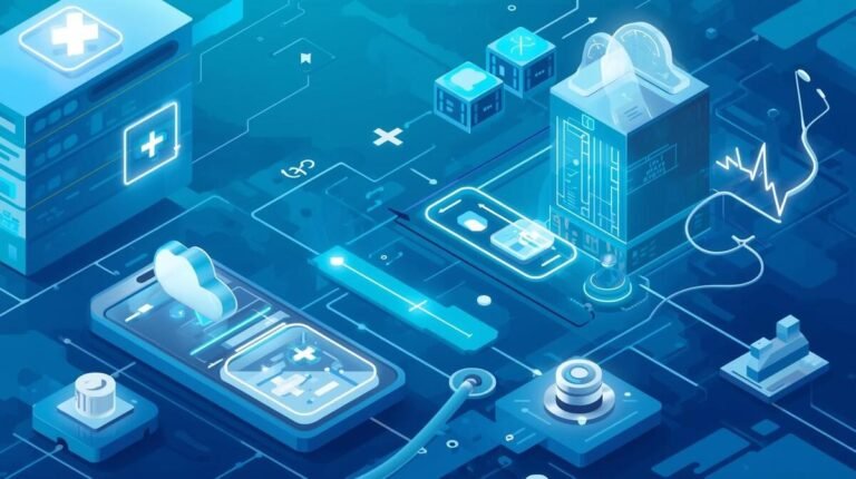 Illustration of cloud-based Healthcare Applications connecting digital medical records, analytics, and smart medical devices