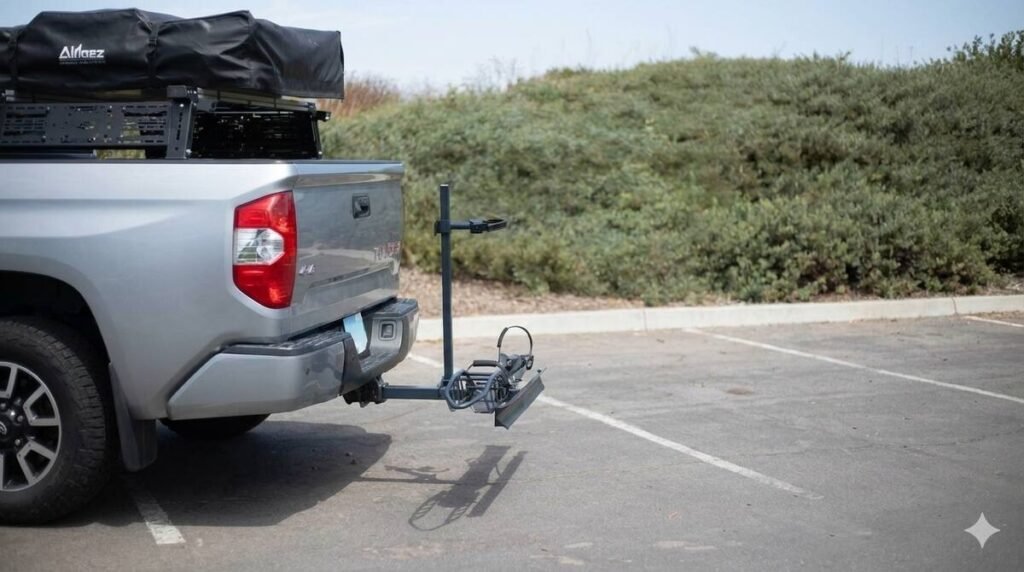 Truck with a Hitch Bike Rack installed, holding a bike securely, ready for transportation