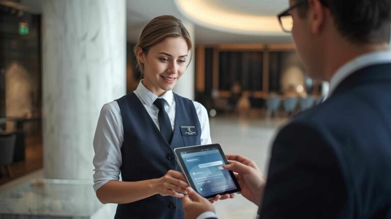 A hotel staff member interacting with a guest using a tablet, showcasing the use of a Hotel AI Chatbot for seamless communication and service