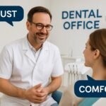 Dentist and patient in a dental office with speech bubbles highlighting 'Trust' and 'Comfort,' emphasizing key factors in how to pick the best dentist