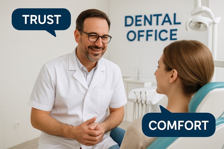 Dentist and patient in a dental office with speech bubbles highlighting 'Trust' and 'Comfort,' emphasizing key factors in how to pick the best dentist