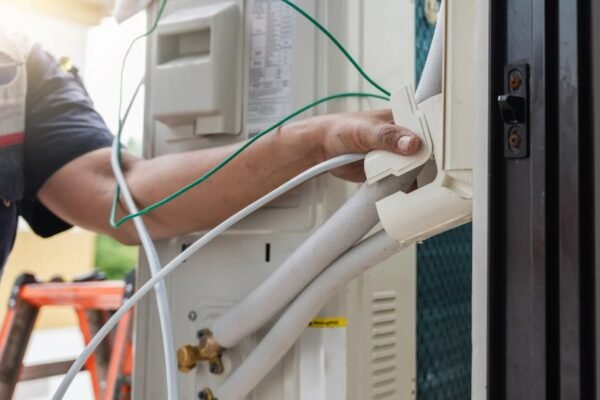 HVAC technician adjusting the air handler system, ensuring proper installation for optimal HVAC performance and energy efficiency