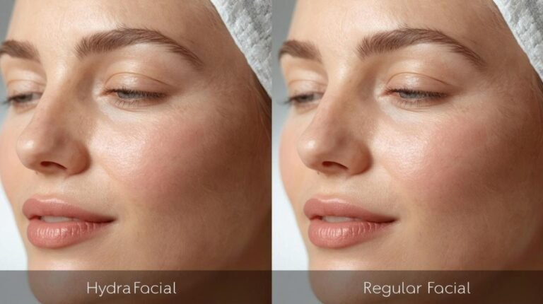 Comparison of Hydrafacial vs Regular Facial results showing smoother, glowing skin on the left (Hydrafacial) and slightly more textured skin on the right (Regular Facial).