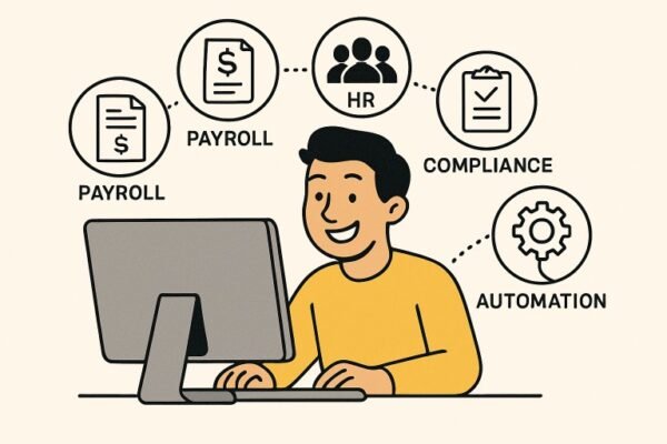 Integrated Payroll and HR System features: Payroll, HR, Compliance, and Automation with a smiling employee using a computer