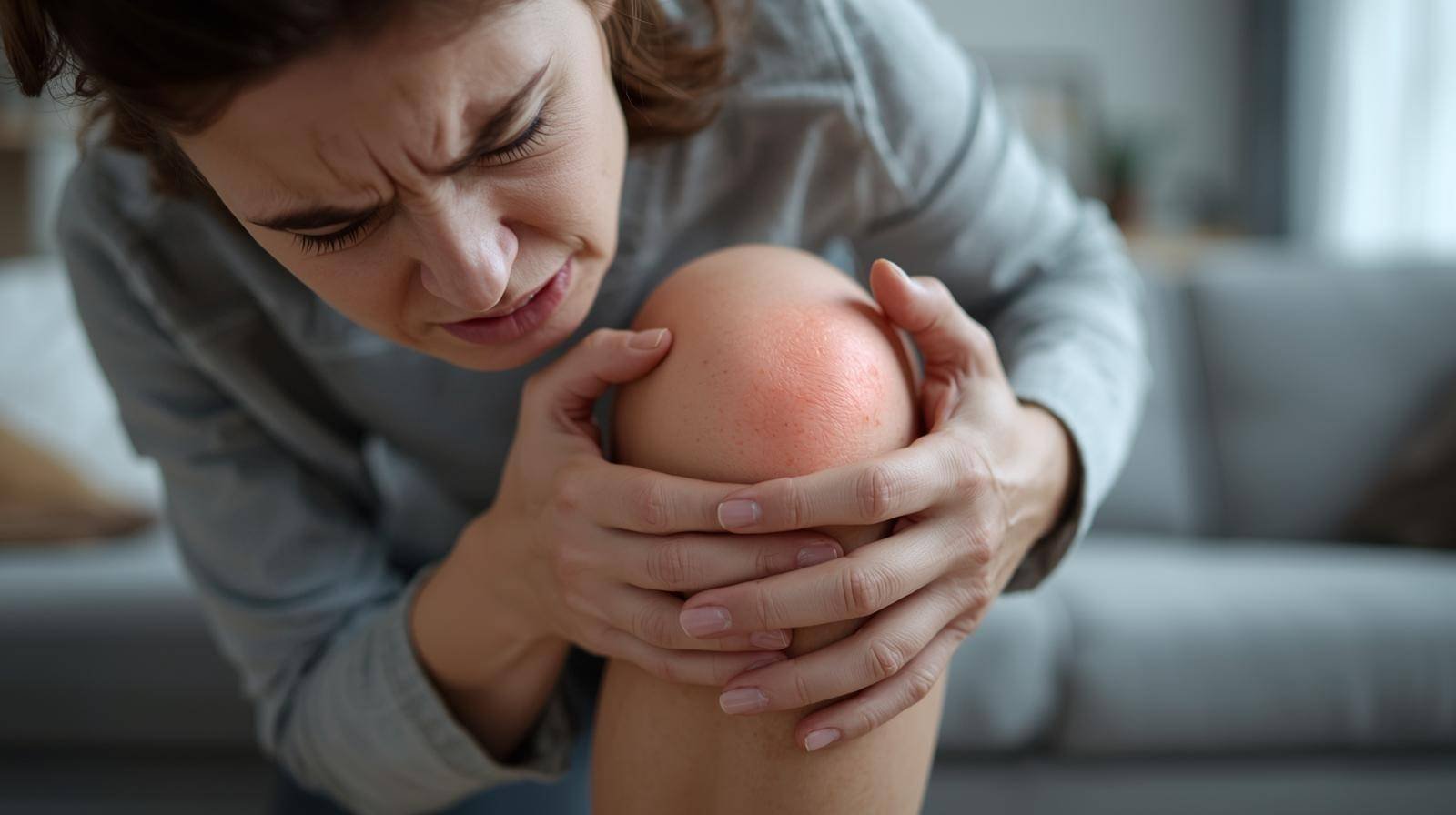 Close-up of a woman experiencing knee pain, holding her knee with a pained expression in a comfortable indoor setting