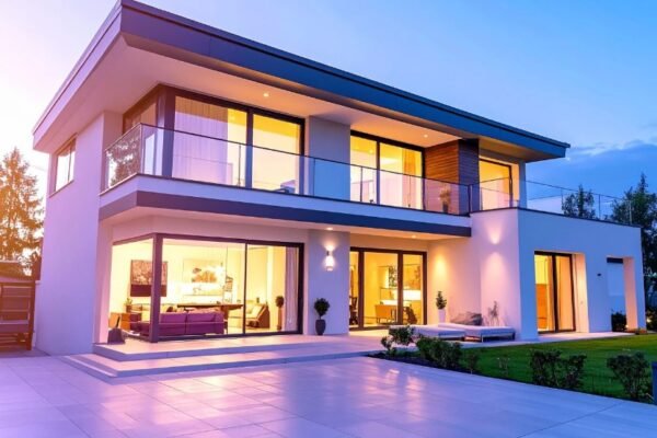 A modern luxury home with sleek architecture and large windows, showcasing the beauty and elegance of contemporary luxury home construction.