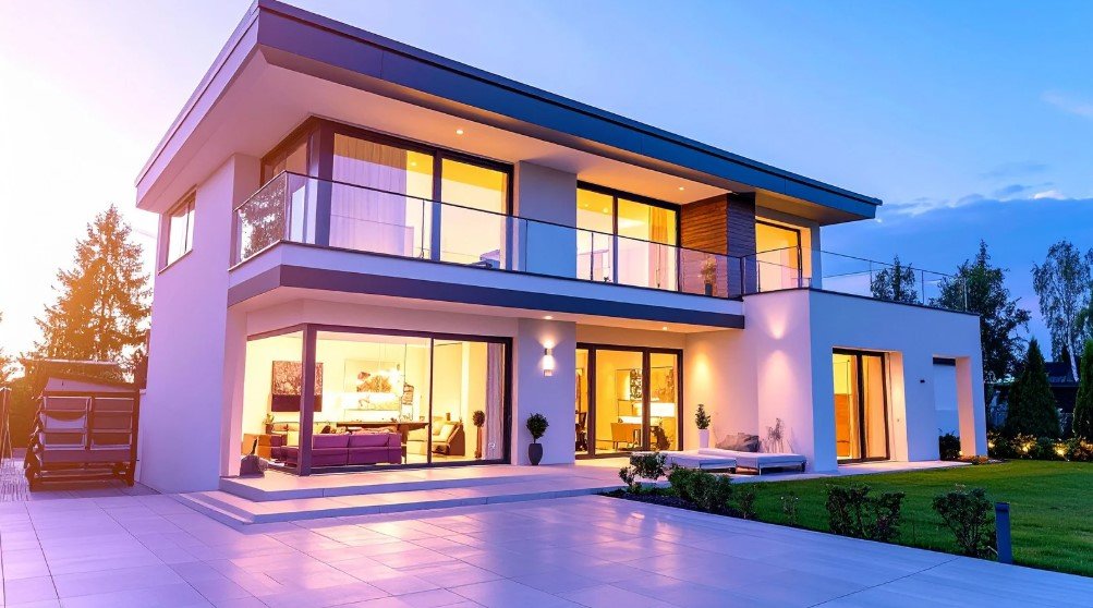 A modern luxury home with sleek architecture and large windows, showcasing the beauty and elegance of contemporary luxury home construction.
