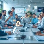 Team of professionals discussing marketing tactics in a modern office with digital analytics and marketing icons floating around them, symbolizing data-driven strategies
