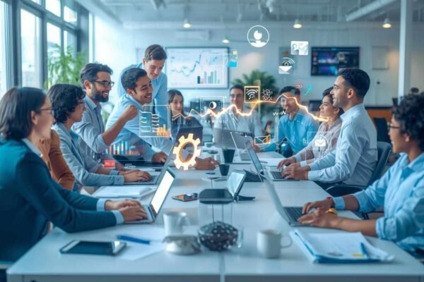 Team of professionals discussing marketing tactics in a modern office with digital analytics and marketing icons floating around them, symbolizing data-driven strategies