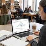 Student using McGraw-Hill Answers on a laptop in the library, working through complex economics problems with textbook support