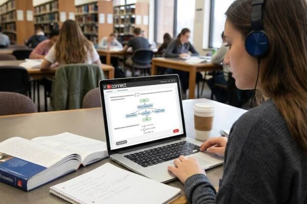 Student using McGraw-Hill Answers on a laptop in the library, working through complex economics problems with textbook support