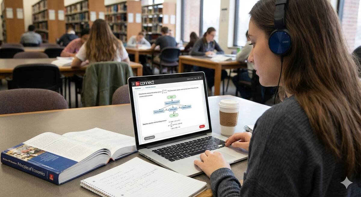 Student using McGraw-Hill Answers on a laptop in the library, working through complex economics problems with textbook support