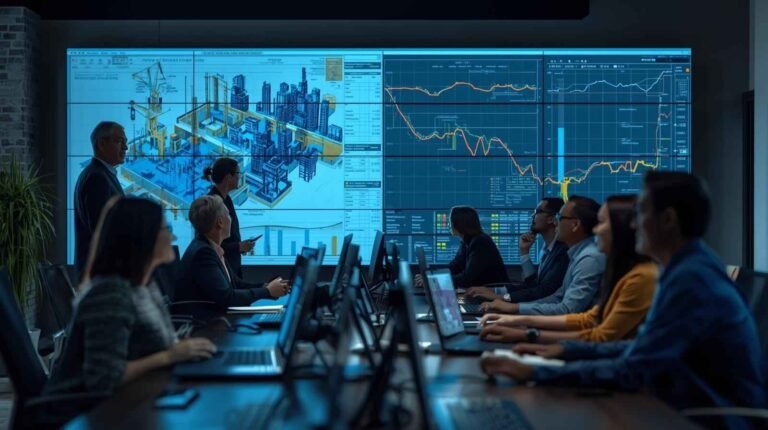 Modern Construction Teams using data models and digital blueprints on large screens for cost tracking, project planning, and real-time construction analysis