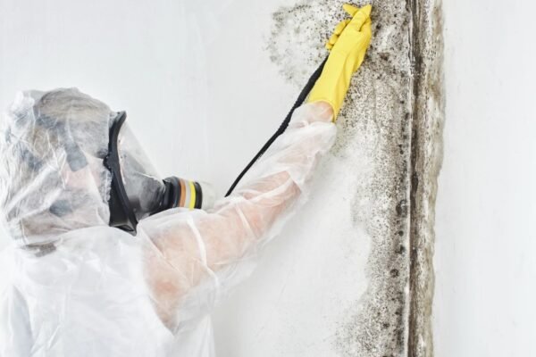 A professional wearing protective gear performing mold removal on a wall, highlighting the process of comprehensive mold remediation.