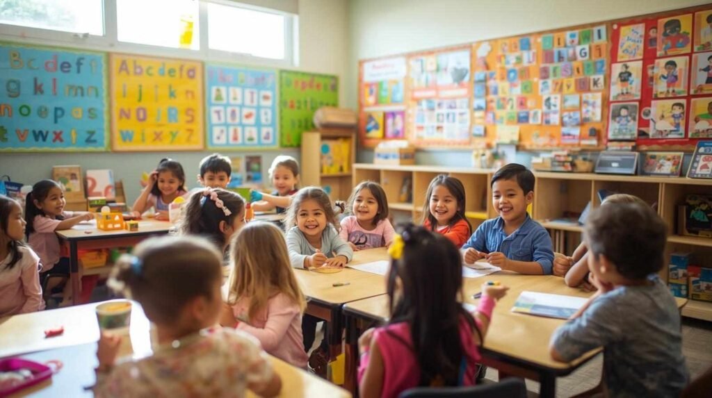 Multilingual kids engaging in a fun classroom activity, learning and interacting in a diverse environment that promotes language development